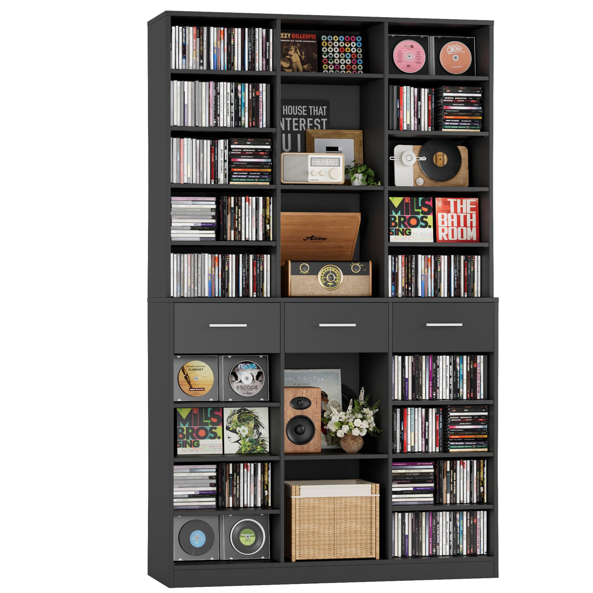 HOSTACK 75" Tall Book Shelf and Bookcase, 47" Wide Bookshelf with Drawers, Modern 9 Tier Bookcase with Storage, Large Wood Display Cabinet with Adjustable Shelves for Living Room, Home Office, Black HOSTACK