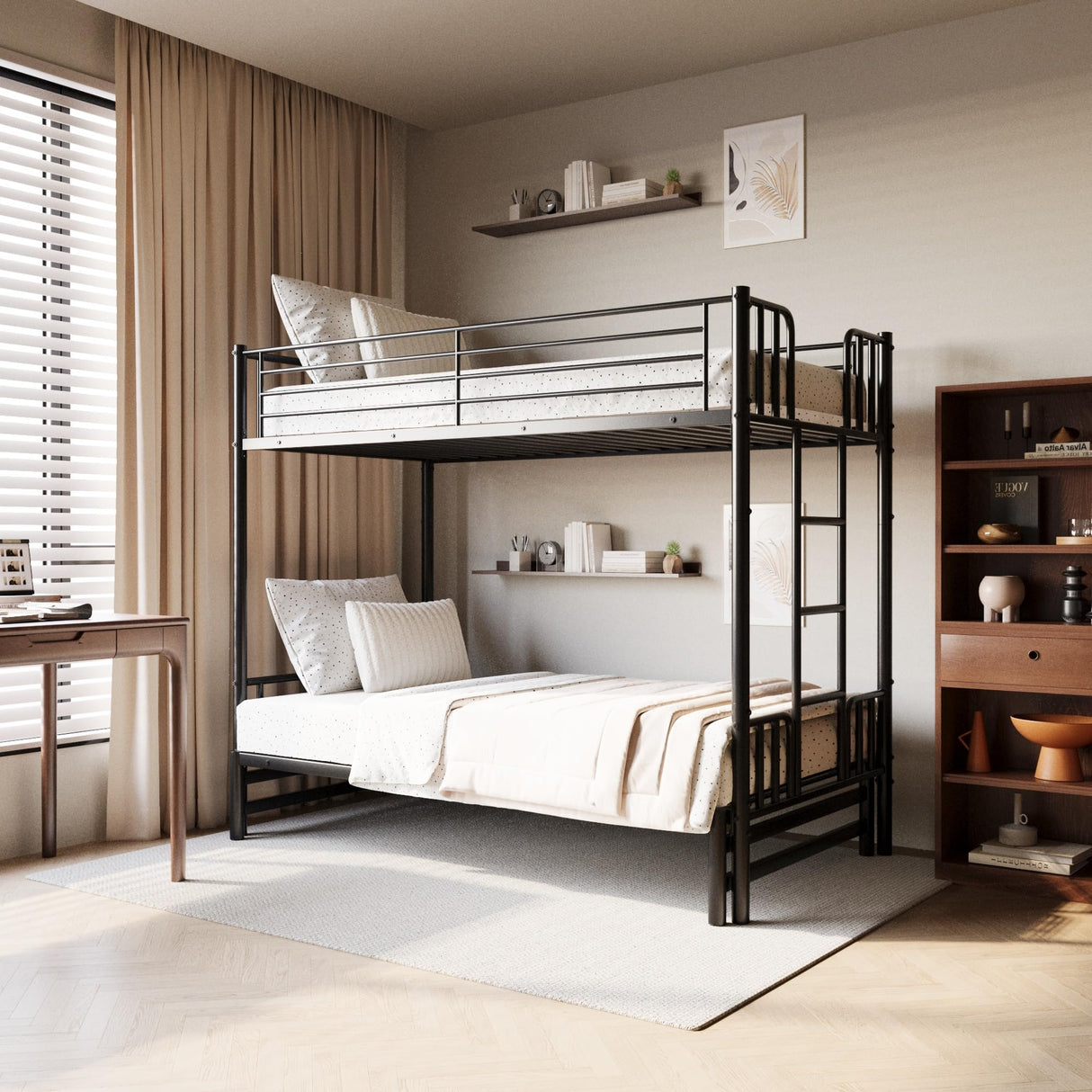 AEMSOFK Twin Over King Bunk Bed,Twin Bunk Bed with Trundle,Heavy Duty Metal Bunkbeds with Ladder & Guardrail, 3-in-1 Convertible Twin Bunk Bed,Twin Over Queen, Space-Saving,Noise Free,Black AEMSOFK