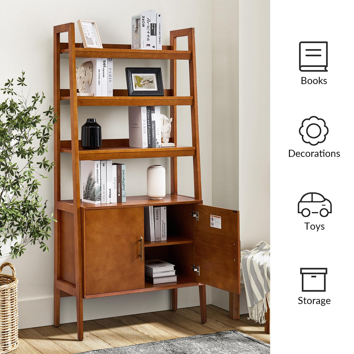 HULALA HOME Wood Ladder Shelf Bookcase with Doors & 3 Open Shelves, 34" W Mid-Century Modern Bookcase with Metal Pulls, Storage Rack with Solid Wood Legs for Bedroom & Living Room, Acorn HULALA HOME