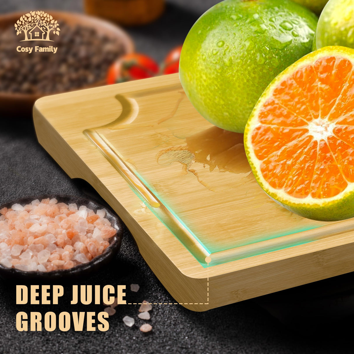 Cosy Family Wood Cutting Boards for Kitchen - XL - Bamboo Cutting Boards with Juice Groove, Serving Board Set, Thick Chopping Board for Meat, Veggies, Easy to clean Cosy Family