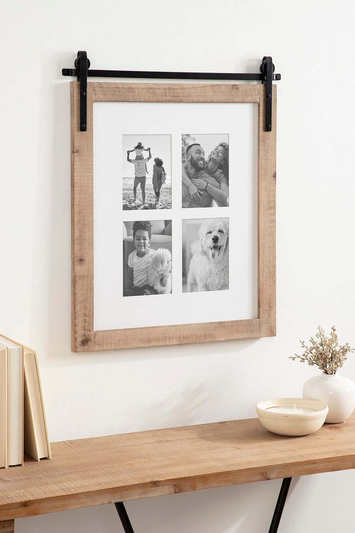 Kate and Laurel Cates Farmhouse Wooden Collage Picture Frame, 21x26 Matted to (4) 5x7, Rustic Natural Brown, Photograph Frame Fitting Four 5x7 Images with Barn Door-Inspired Design Kate and Laurel
