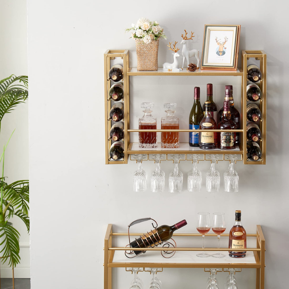 GOLASON Wall Mounted Wine Rack with Glass Holder, Metal Bottle Holder Wine Storage Display Shelf for Home Bar Dining Room Kitchen (31.5 Inch, Gold) GOLASON