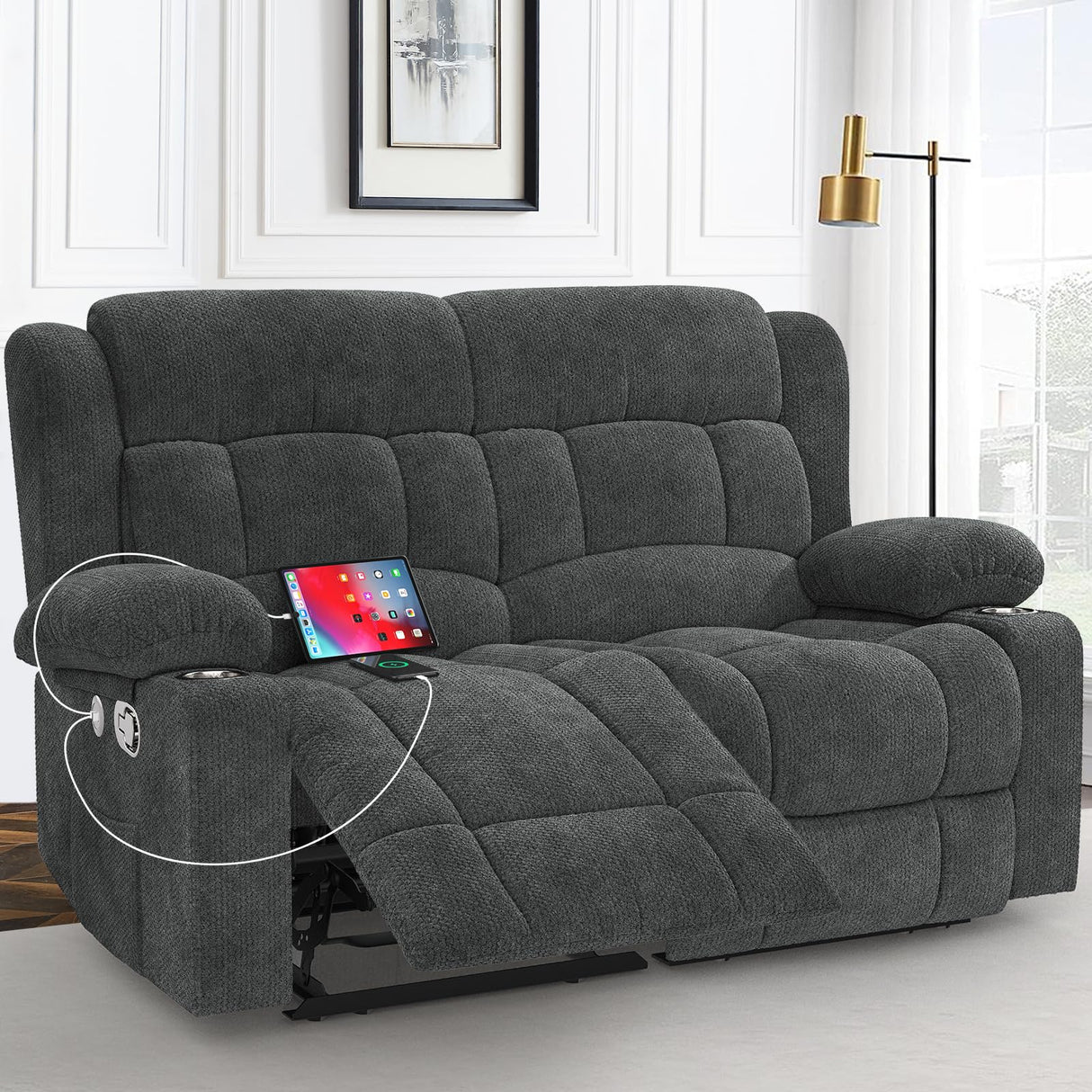 IROSTAE Loveseat Recliner Sofa, 2 Seater Minimalist Style Fabric Manual Pull Tab Reclining Loveseat with USB Charge Ports, Cup Holders, Recliner Love Seat Couches for Living Room, RV, Gray IROSTAE