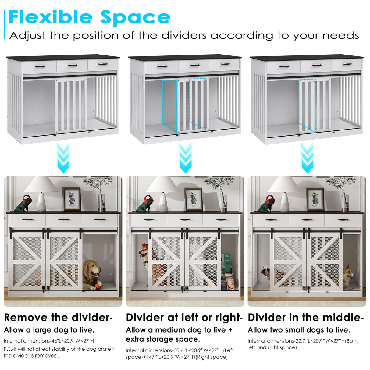 kepptory 48'' Dog Crate Furniture with Divider&Storage Drawers, Wooden Double Dog Kennel Furniture End Table with Sliding Barn Doors, White Double Dog Crate TV Stand kepptory