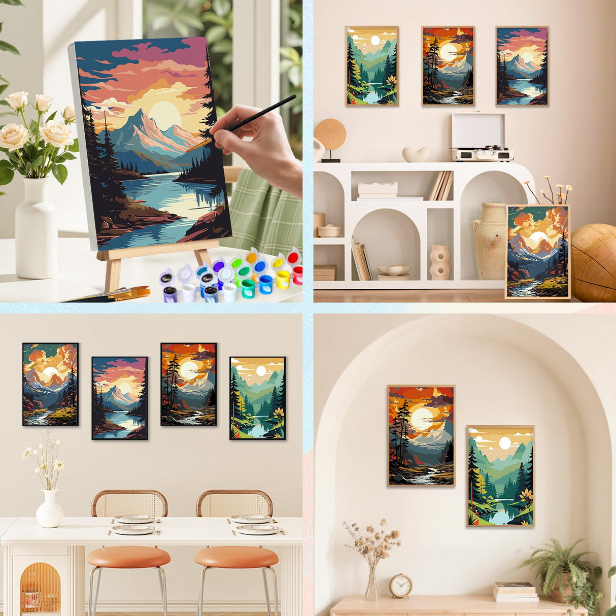 4 Pack Framed Paint by Numbers Kit for Adults with Wooden Easel, Landscape Sunset Paint by Numbers with Frame for Beginner, Mountains Lake Adult Paints by Number Kits on Canvas Framed 8 x 12 Inch Camocin