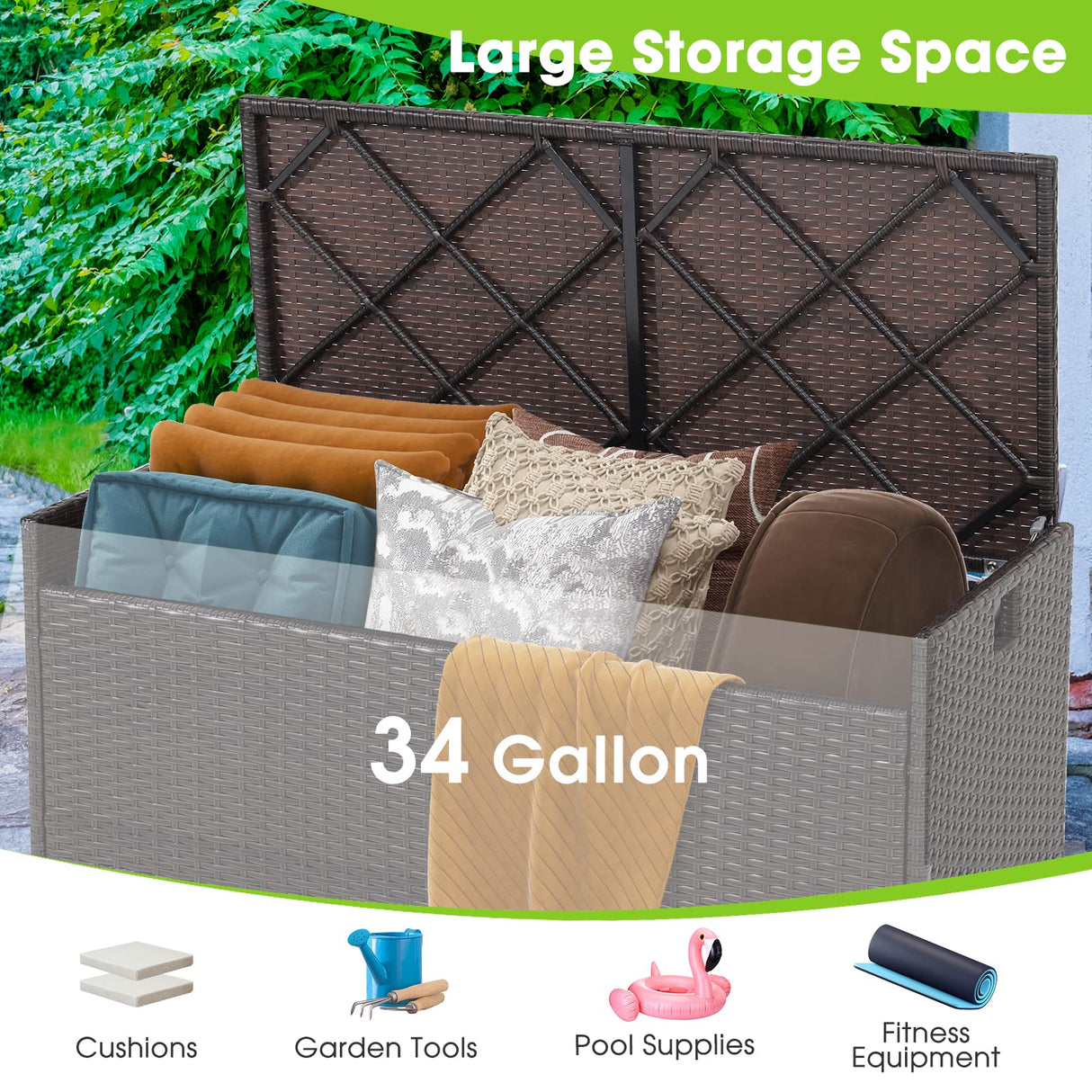 Tangkula 34 Gallon Outdoor Storage Bench with Seat Cushion, Patio Mix Brown Wicker Deck Box with Waterproof Liner and Side Handles, Outdoor Storage Bench for Cushions, Garden Tools, Pool Accessories Tangkula