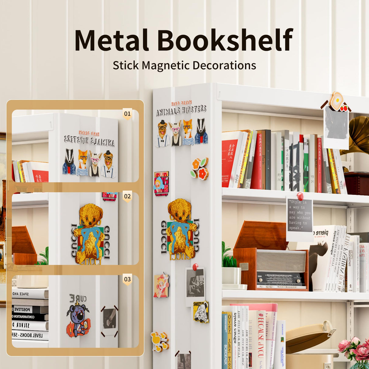 POKOKE 70.9" H Metal Bookshelf, Adjustable Bookcase, 5-Tier Heavy Duty Bookshelf with Bookend, Tall Bookshelves, Bookcase Shelf for Living Room, Office, Library,Classroom (White-37.4W) POKOKE