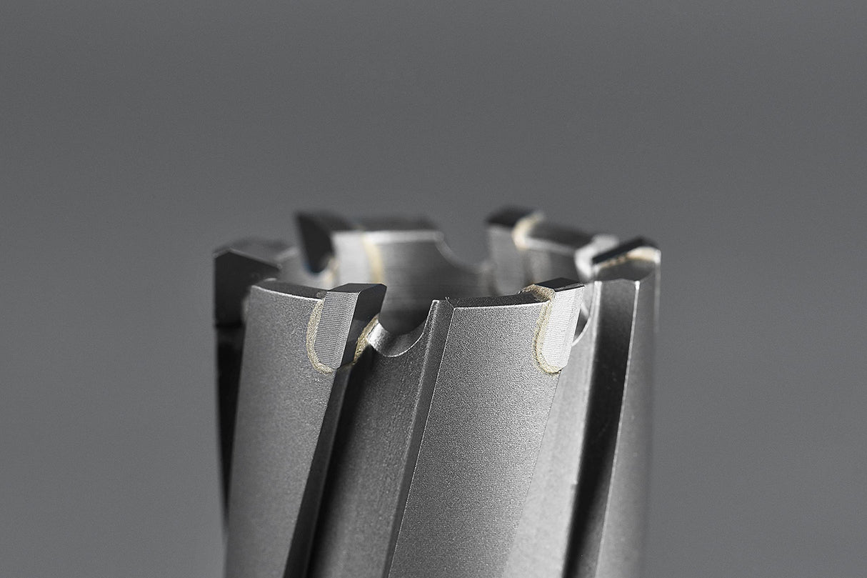 Annular Cutter Set Carbide 8pcs JESTUOUS 3/4 Inch Weldon Shank 1-3/8 Cutting Depth and Cutting Diameter from 1/2 to 1-1/16 Two Flat TCT Bit for Drill Press with 2 Pilot Pins JESTUOUS