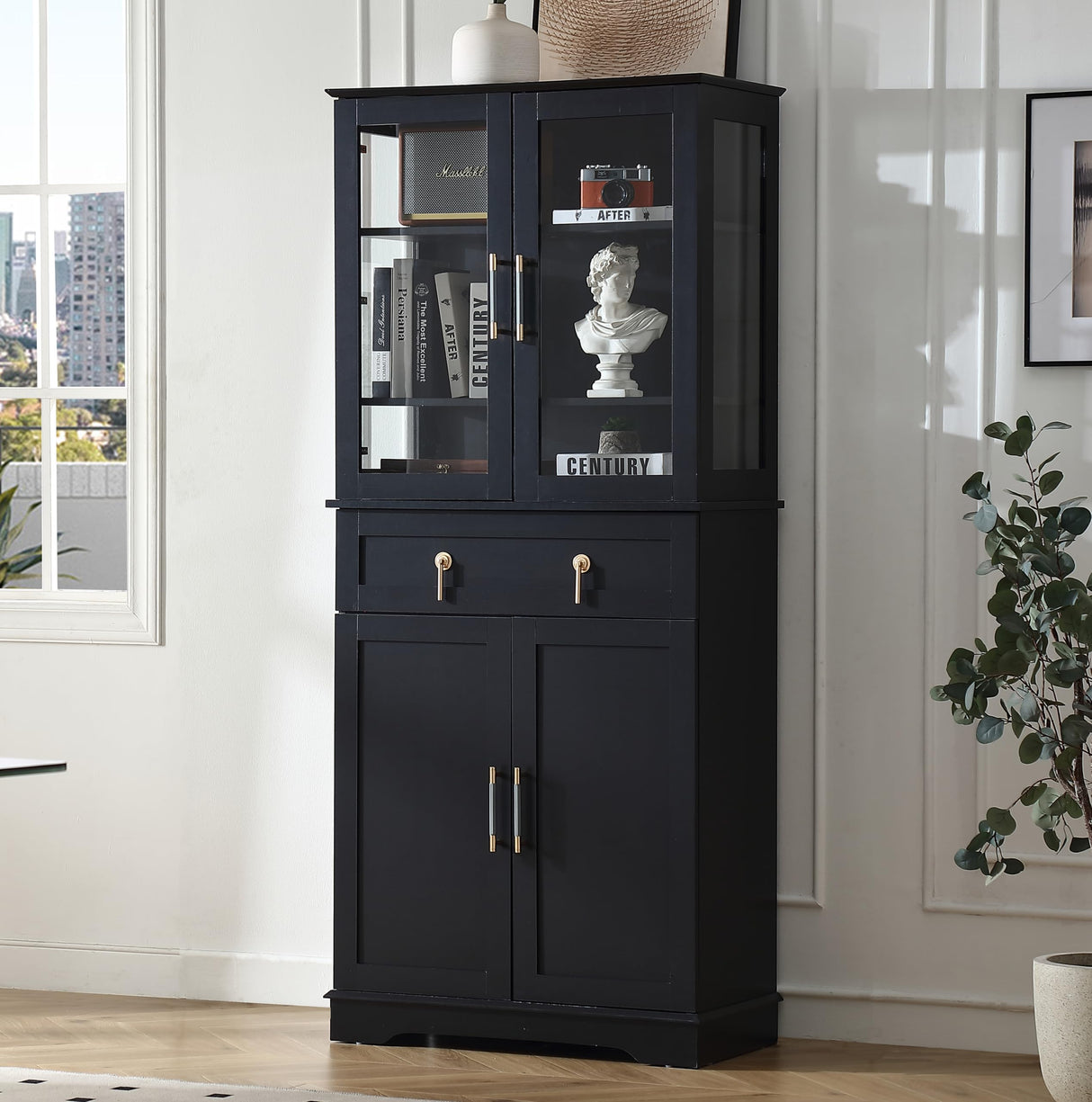 FOREST GRAVITY 71''Tall Pantry Cabinet,Kitchen Pantry,LED Lighting Display Cabinet,a Drawer,3 Adjustable Shelves,Pantry for Dining Room and Kitchen 3 Side Panels of Glass for Better Showcase,Black FOREST GRAVITY