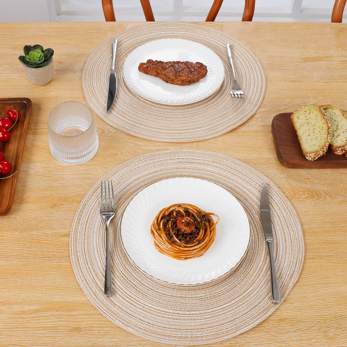 SHACOS 15 inch Round Braided Placemats Set of 6 Non Slip Heat Resistant Cotton Polyester Table Mats Washable Place Mats for Kitchen Dining Party Table Decor (Beige, 6) SHACOS