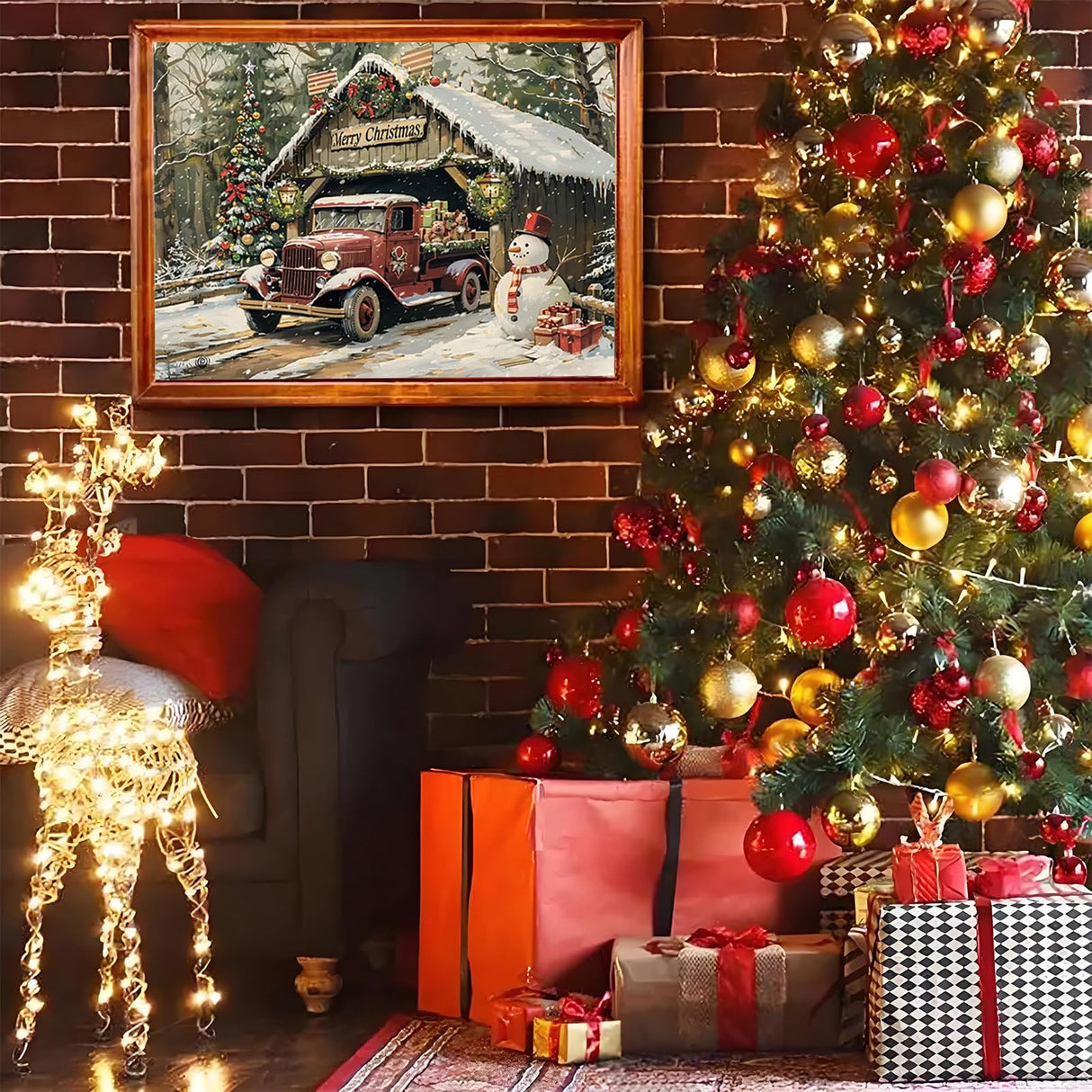 Christmas Diamond Painting Kits for Adults Beginners,DIY Winter Red Truck Diamond Art,5D Full Round Drill Diamond Dot Gem Art Kits, Home Wall Decor 16x12 Inch AREOPNMG