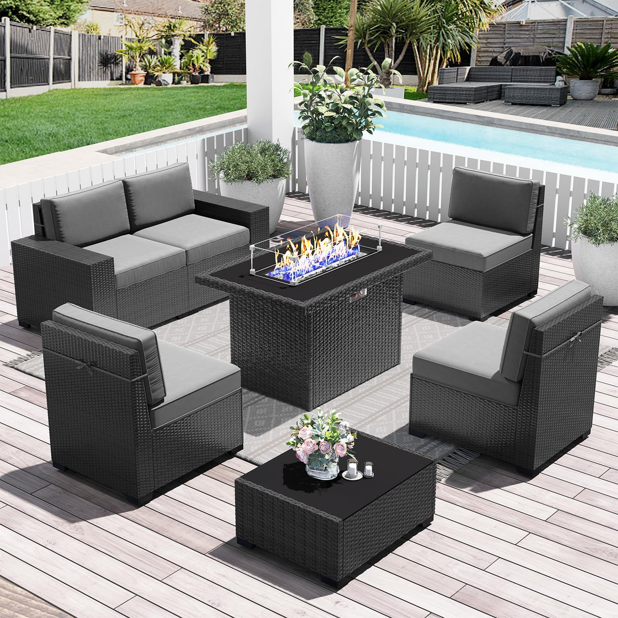 LayinSun 7 Pieces Outdoor Patio Furniture Set with 44" Fire Pit Table Rattan Sectional Sofa Conversation Sets LayinSun