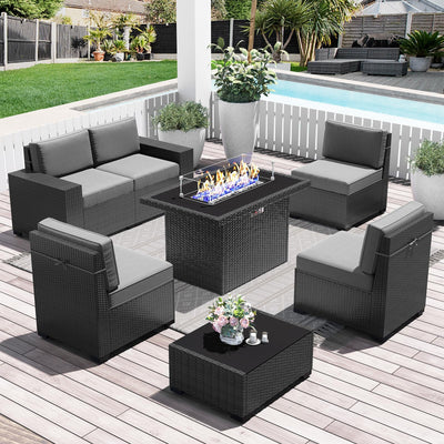 LayinSun 7 Pieces Outdoor Patio Furniture Set with 44" Fire Pit Table Rattan Sectional Sofa Conversation Sets