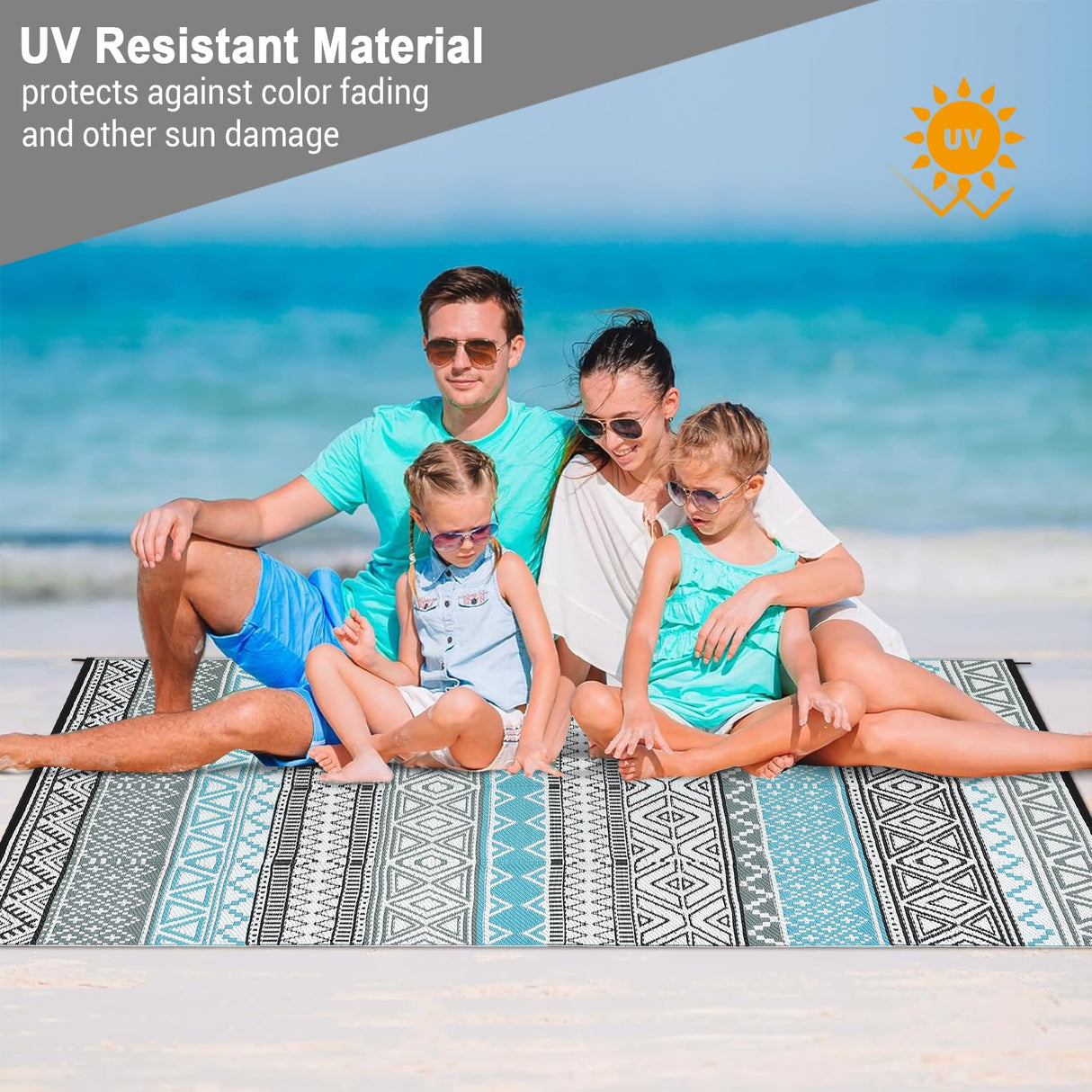 GAOMON Outdoor Rug 9'x12' Waterproof Rug for Patio Decor, Foldable Reversible Plastic Straw Area Rugs Mat for Camper, Outside Carpet for Deck, Porch, Picnic, Beach, Blue/Grey(Bohemia) GAOMON