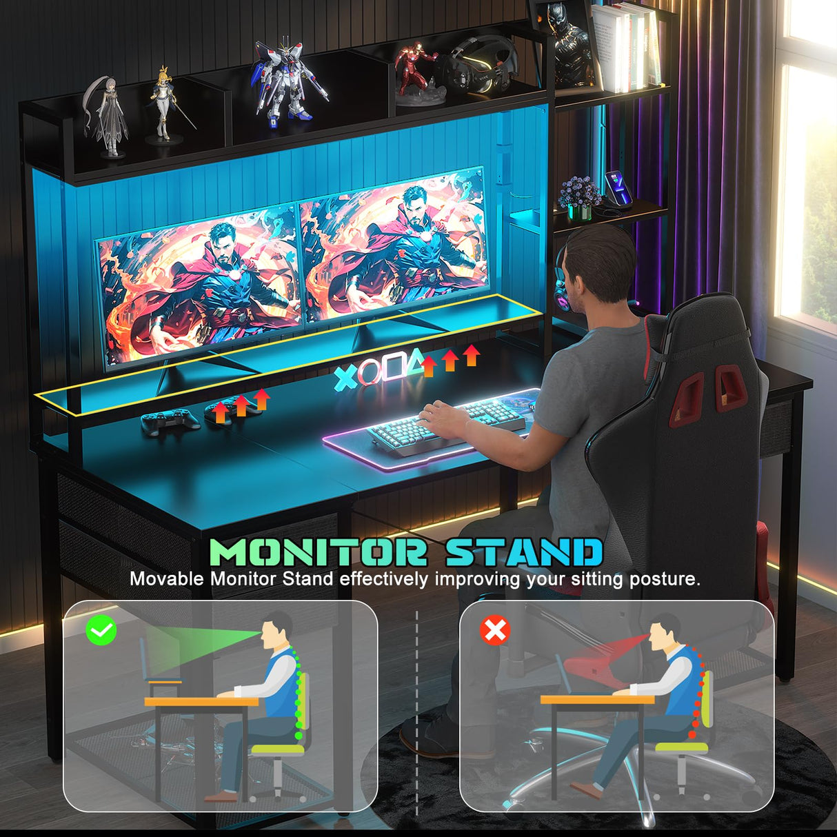 Aheaplus 55.2'' Gaming Desk with LED Lights, Power Outlets, Hutch & Drawers in Black Aheaplus