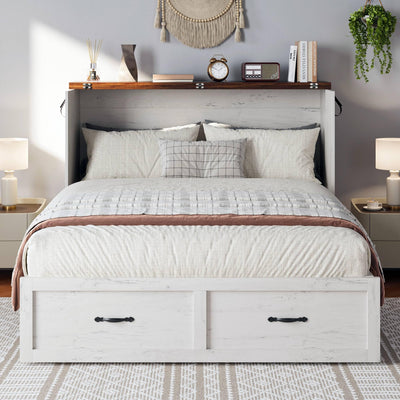 Harpaq Full Size Murphy Bed, Full Size Mobile Cabinet Bed Frame, Farmhouse Wooden Cabinet with Storage Drawer for Bedroom/Office/Guest Room, White+Barnwood