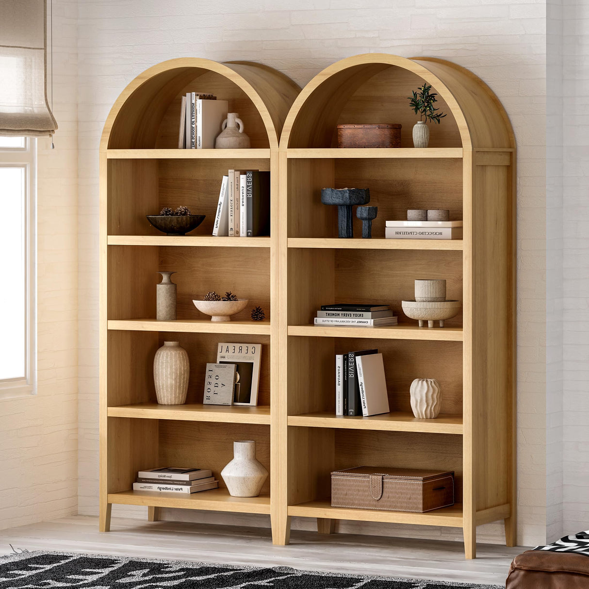 MoomJiee 71" Tall Arched Bookshelf, 5-Tier Farmhouse Large Open Display Cabinet, 71" Modern Wood Bookcase with Adjustable Shelves Organizer Rack Large Kitchen Pantry Storage Cabinet Natural Oak MoomJiee