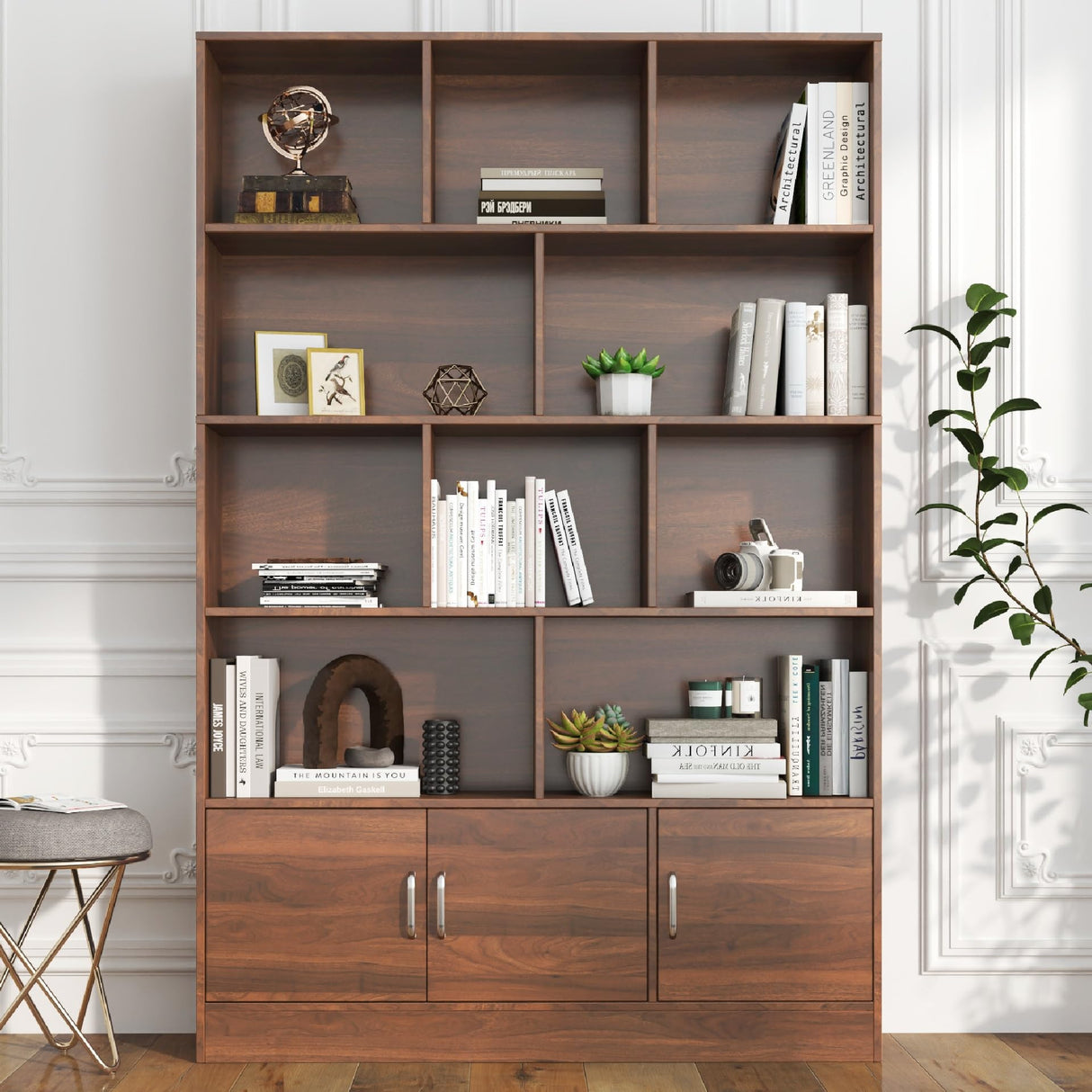 KEIKI 71" Tall Wooden Bookcase, Mid Century Modern Bookshelf with 5-Tier Storage, 3 Doors Open Style Display Shelf W/10 Cubes, Book Shelves Cabinet for Home Office Living Room, Brown KEIKI