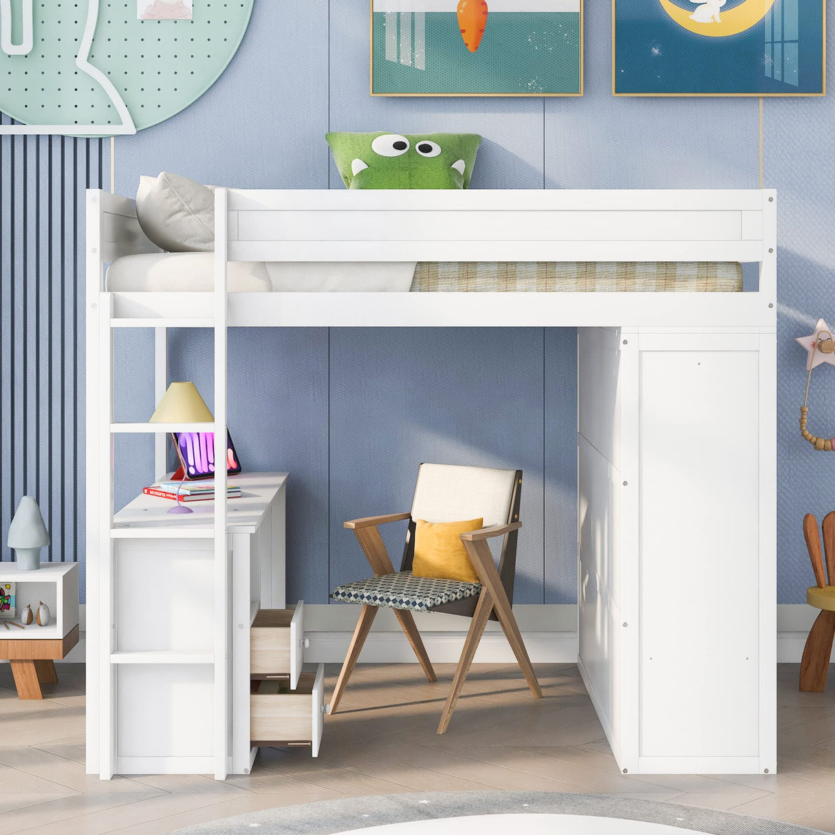 Merax Loft Bed Full Size Adult, Wood Frame with Desk and Wardrobe, Storage Design with Drawers & Cabinet, for Teen Girls & Boys(White) Merax
