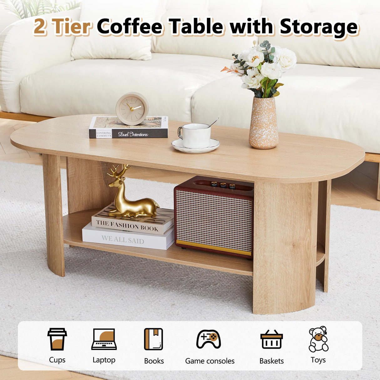 MAHYIZYI 43.3” Oval Coffee Tables for Living Room, Wood Farmhouse Coffee Table with Storage, 2-Tier Center Table with Storage Shelf Low Tea Table for Small Space, Home, Office (Natural) MAHYIZYI
