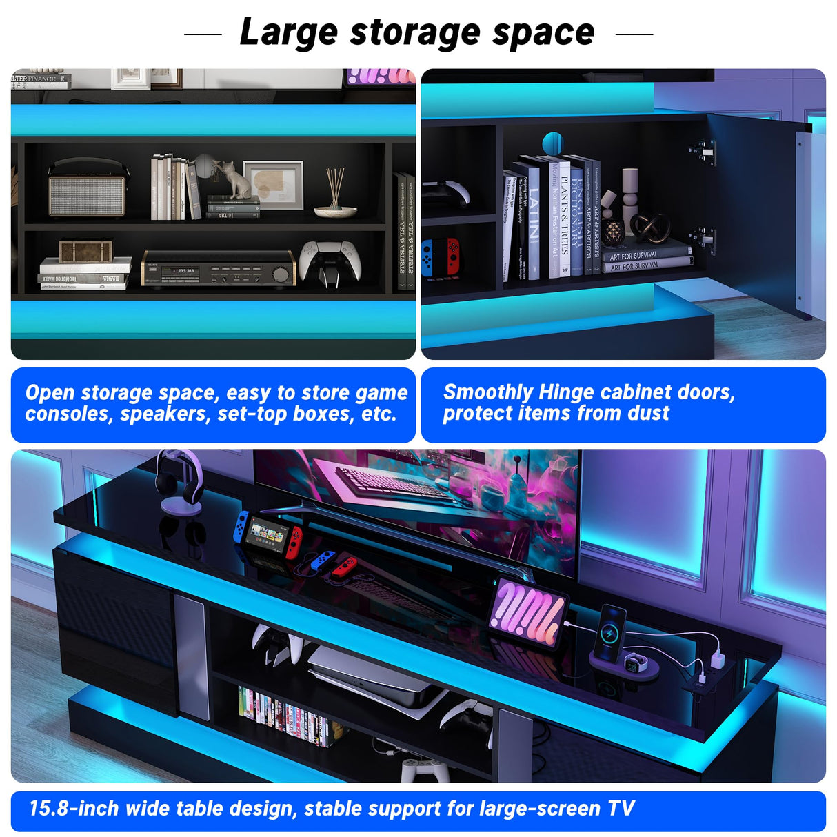 71IN LED TV Stands w/Power Outlet for 85/80/75 Inch TV,High Glossy Modern TV Console Gaming Entertainment Center with 2 Storage Cabinets,Dual LED Lights Strips for Living Room,Bedroom,Black chartustriable