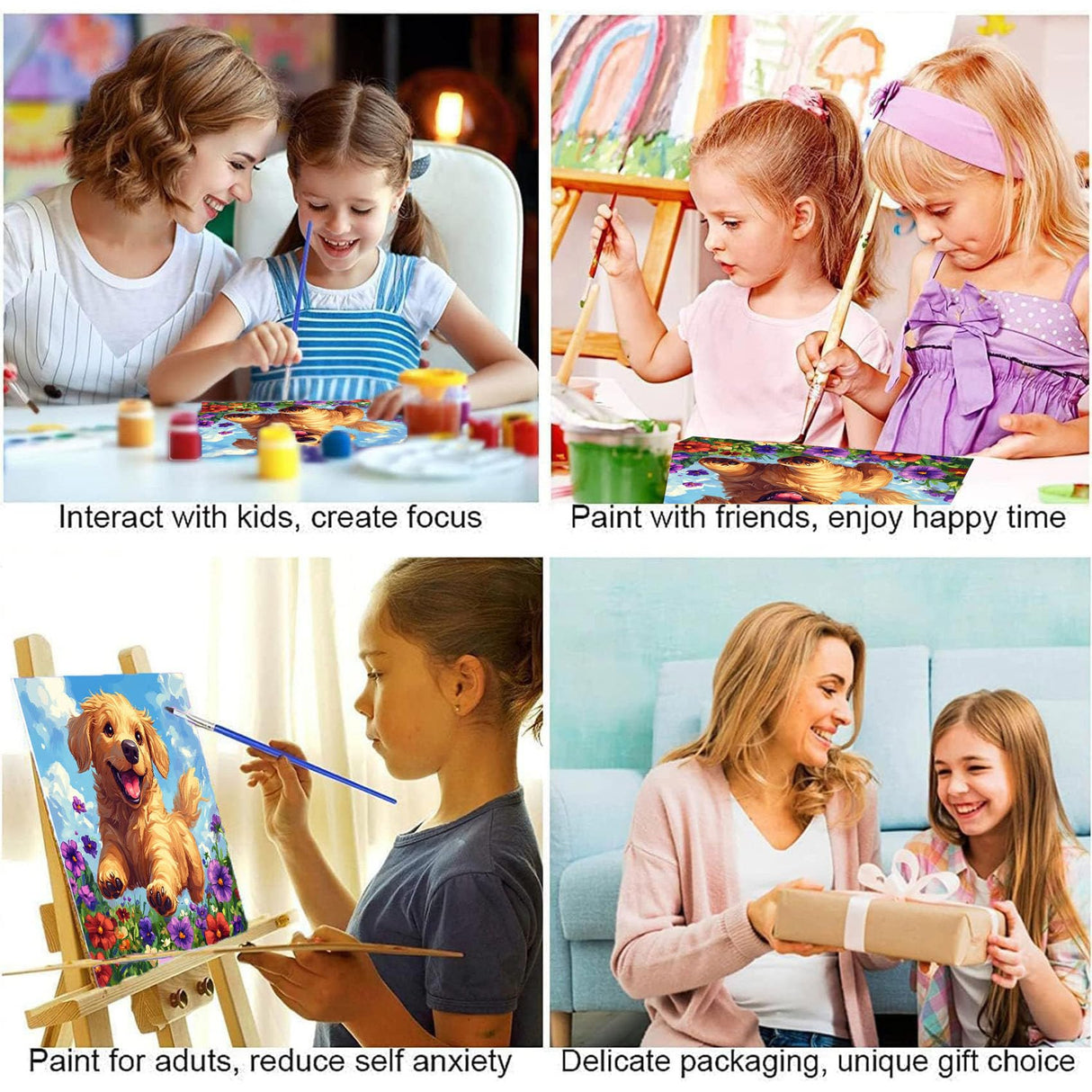 Dog Paint by Numbers Kit for Kids with Frame - Cute Dog Paint by Number for Kids, Kid Painting by Number Kits Age 8-12 for Home Wall Decor 8X8inch (with Wooden Easel) ajepon