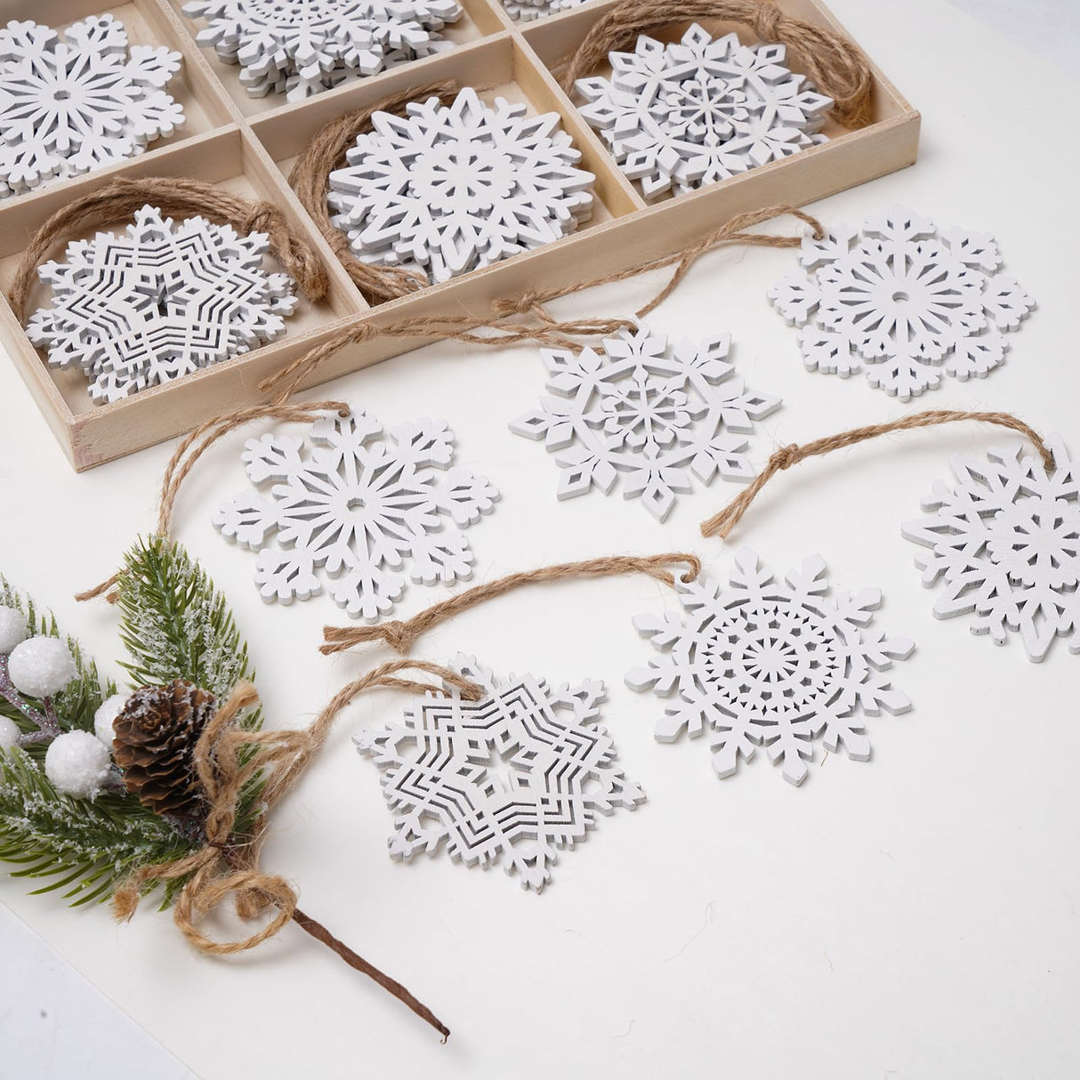 Bazayona 30pcs Wooden Snowflakes Ornaments Rustic Hanging Wood Christmas Tree Snowflake Ornaments Crafts Hollowed Embellishments for Christmas Holiday Decor, 3inch, White Bazayona