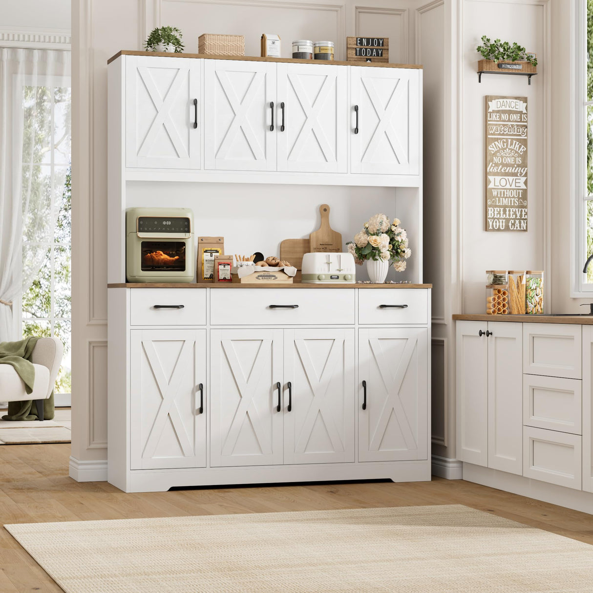 HOSTACK 71" Tall Kitchen Pantry Storage Cabinet with Charging Station, 55" Wide Kitchen Hutch Cabinet with Large Countertop, Farmhouse Food Pantry with Drawers for Living Room, White HOSTACK