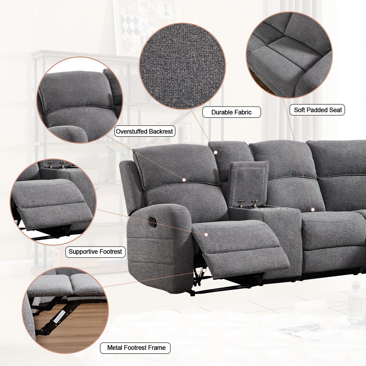 EBELLO Fabric L-Shaped Reclining Sectional Sofa Couch for Living Room, Manual Recliner Oversized Sofa, with Padded Headrest, 2 Cup Holders, Storage Space, 5-Seater Home Furniture Set, Grey EBELLO