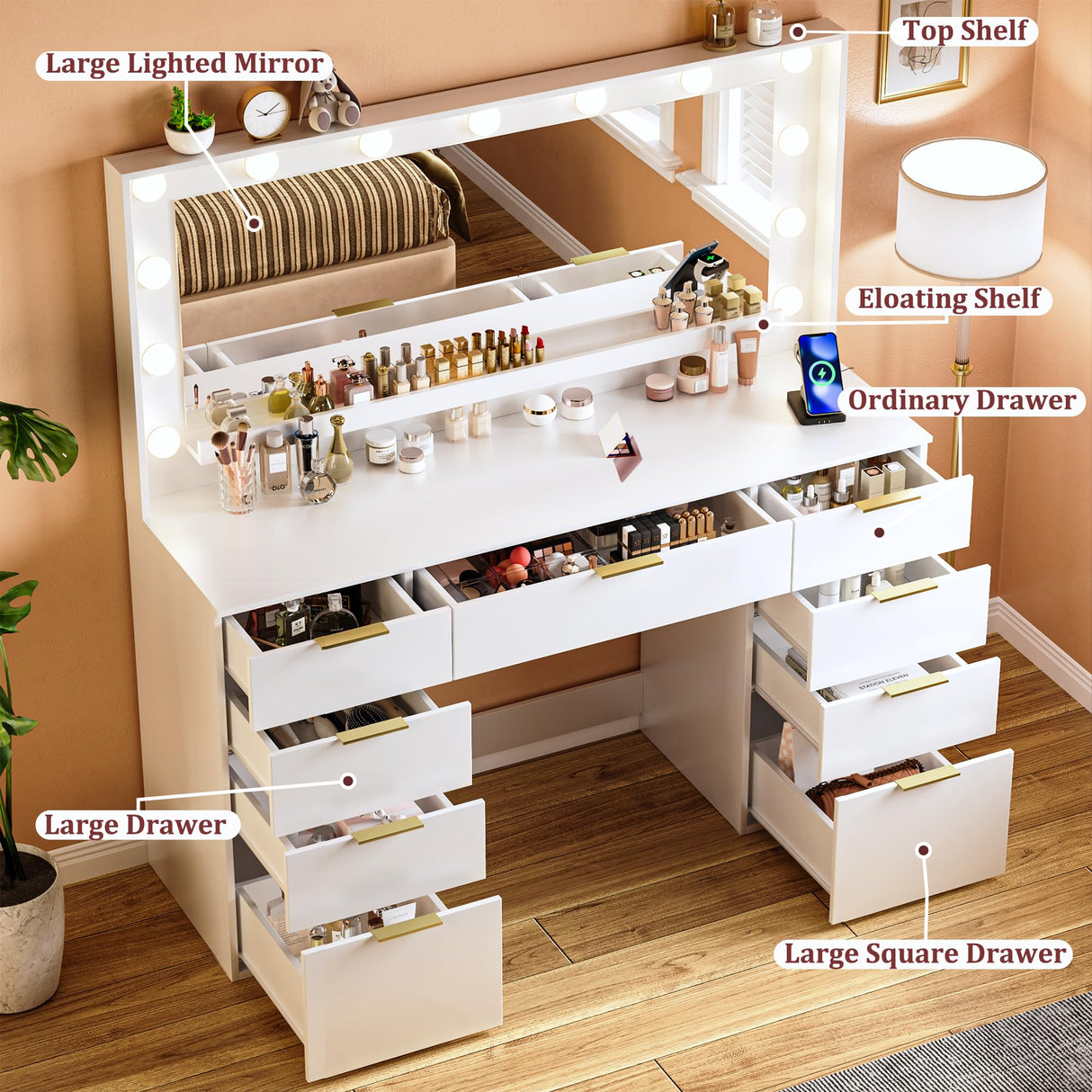 ALEXNUTRE Vanity Desk with Large Mirror and Lights, 45.3in Makeup Vanity with Power Outlet 9 Drawers & Storage, 3 Lighting Color Adjustable, White Vanity Desk for Bedroom ALEXNUTRE