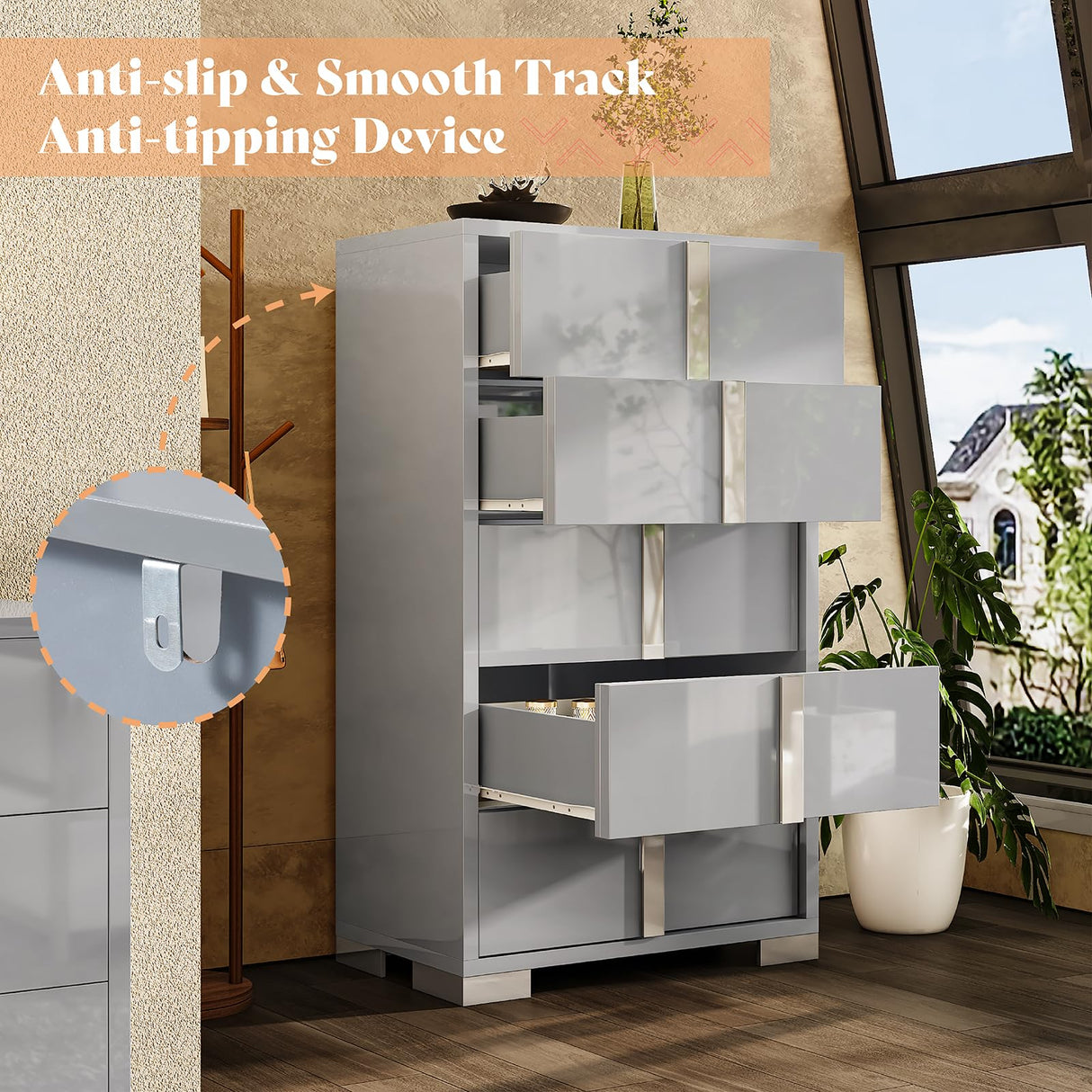 AMERLIFE 50.2" H Modern 5 Drawer Dresser, Glossy Surface Chest of Drawers, Large Storage Organizer for Bedroom, Living Room, Cloakroom, Luxury, Light Grey AMERLIFE