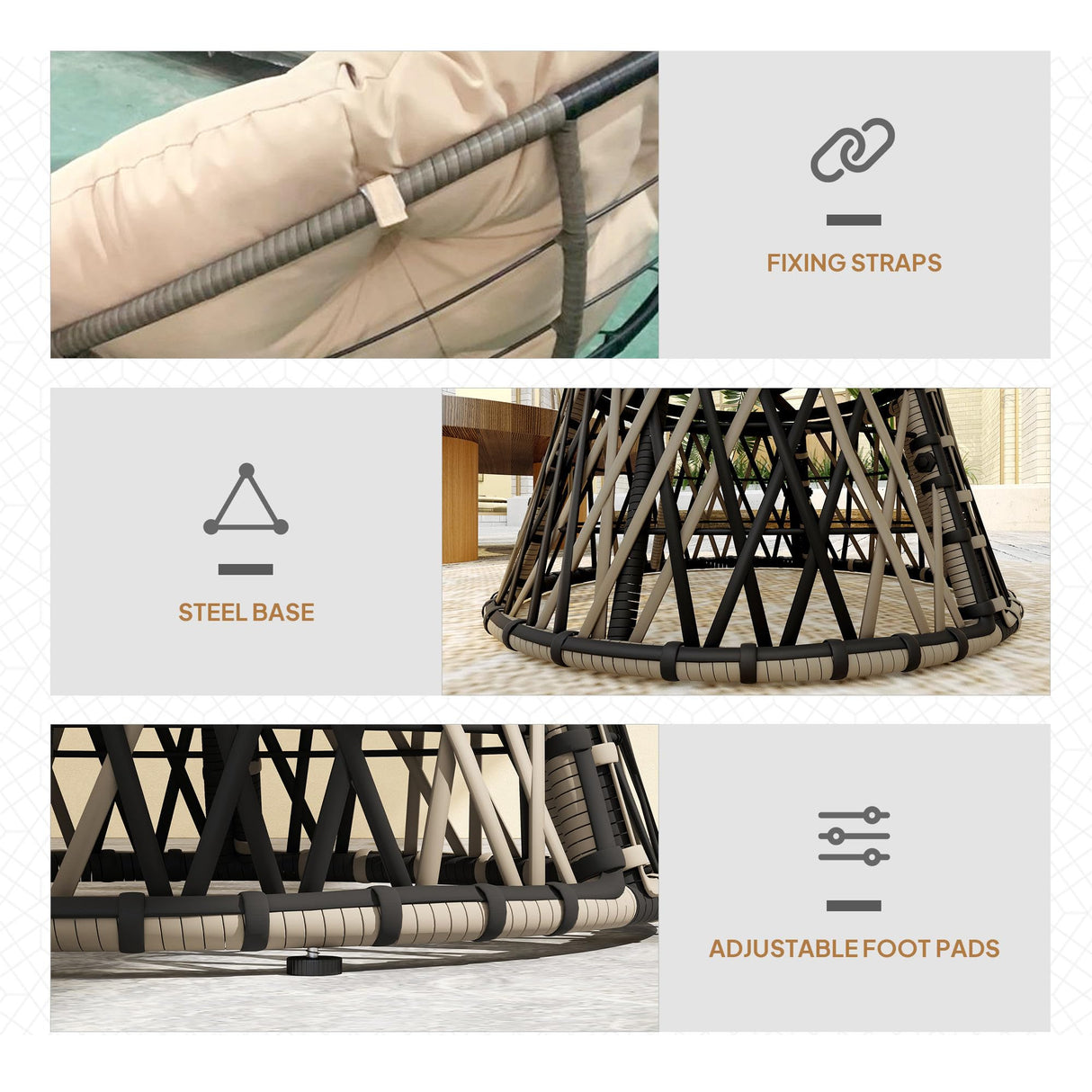 Outsunny 39" Outdoor Papasan Chair with Side Tray, 360° Swivel Overstuffed Circle Chair with Thickened Cushion, Wicker Lounger with Steel Frame for Indoor, Patio, Beige Outsunny