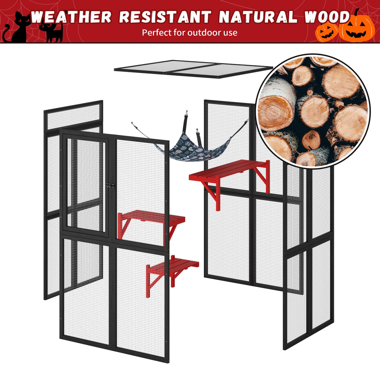 COZIWOW Catio Outdoor Cat Enclosure Window Access, Wooden Cat House, Indoor Cat Cage with Hammock for Patio(Gothic) COZIWOW