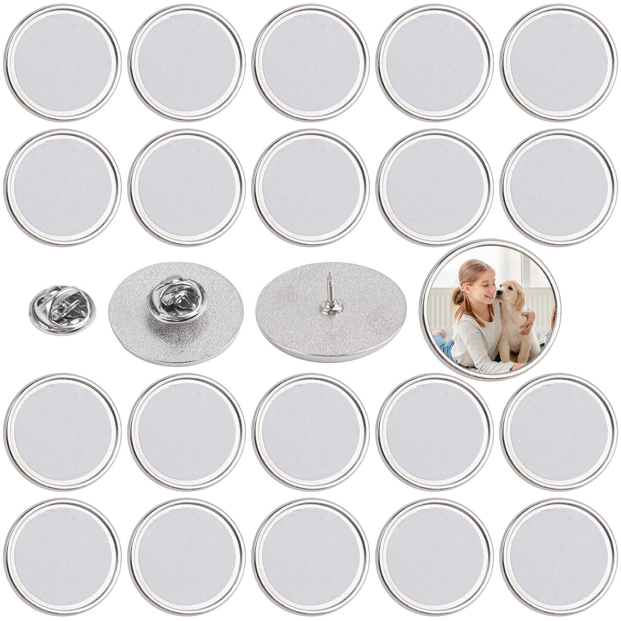Framendino, 20 Pack Silver Sublimation Blank Pins DIY Button Badges Round Sublimation Blank Base Pin Aluminum Sheet with Butterfly Pin Backs for DIY Craft Lapel Jewelry Making Framendino