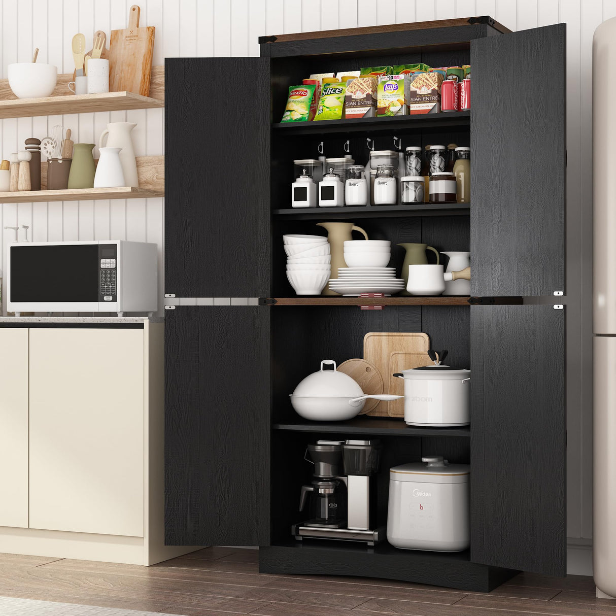 71in Farmhouse Kitchen Pantry Cabinet,Tall Storage Cabinet with 4 Doors and Adjustable shelves,with Load-Bearing Steel Pipe,Wood Storage Cabinets for Kitchen,Dining Room,Bathroom(Black) chartustriable