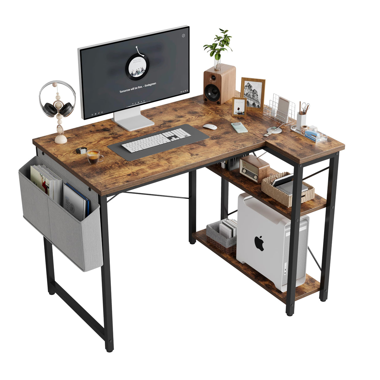 Grandder L Shaped Computer Desk with Reversible Shelves, 40 Inch Small Corner Desk with Storage Bag, Gaming Desk Computer Table Study Writing Desk for Home Office Small Space, Rustic Brown Grandder