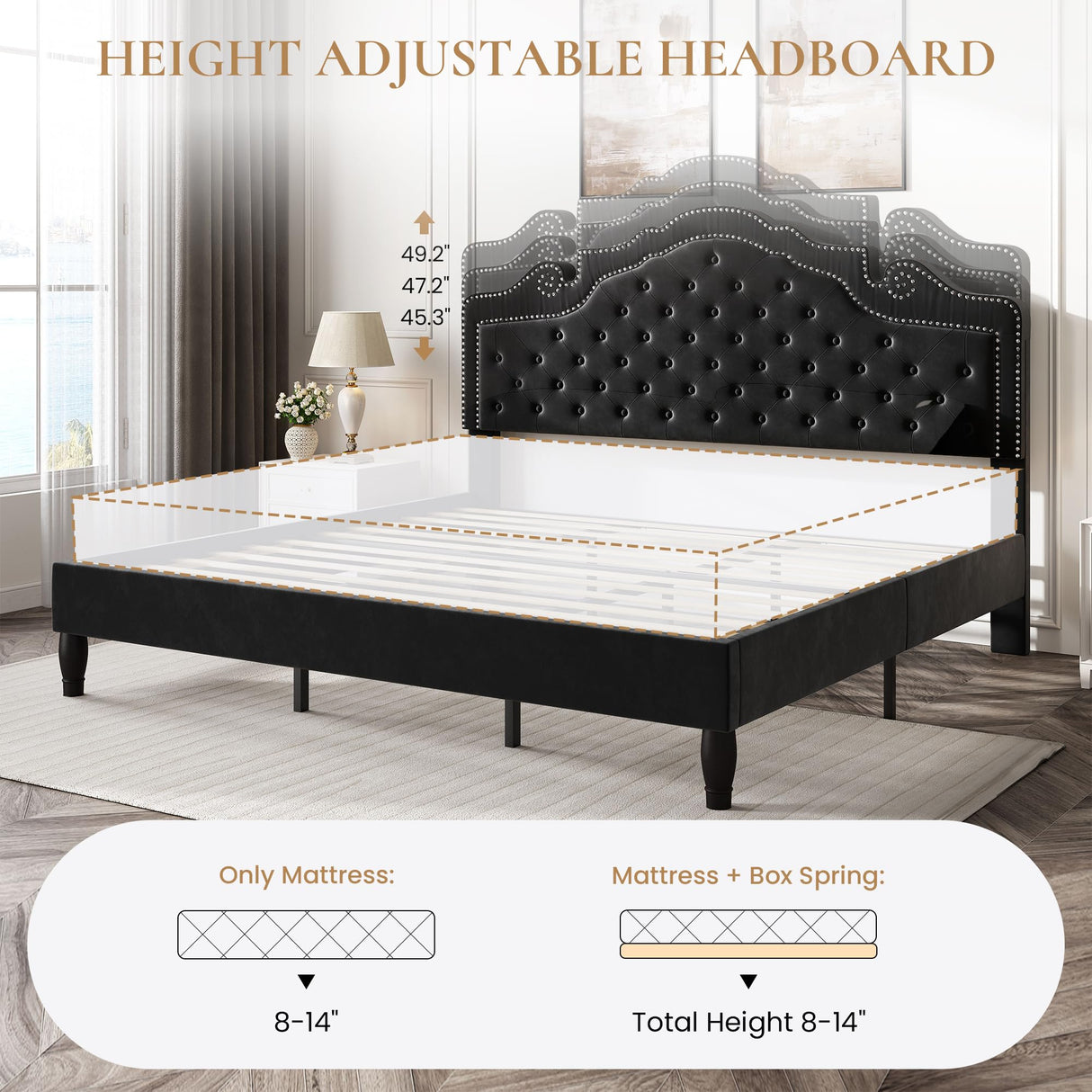 SHA CERLIN King Size Platfrom Bed Frame with Adjustable Headboard/Velvet Upholstered Diamond Button Tufted and Metal Studs/No Box Spring Needed/Easy Assembly/Wooden Slat Support/Black SHA CERLIN