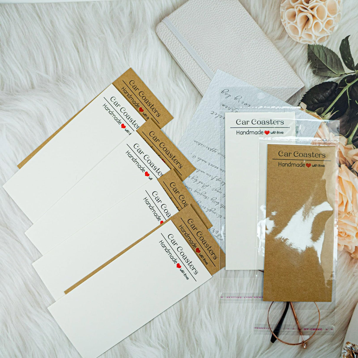 GTILE 100 Pcs Car Coaster Packaging Kit for Selling, Include 50 Sublimation Car Coasters Brown Paper and 50 White Paper Card with 100 Self-Seal Bags GTILE