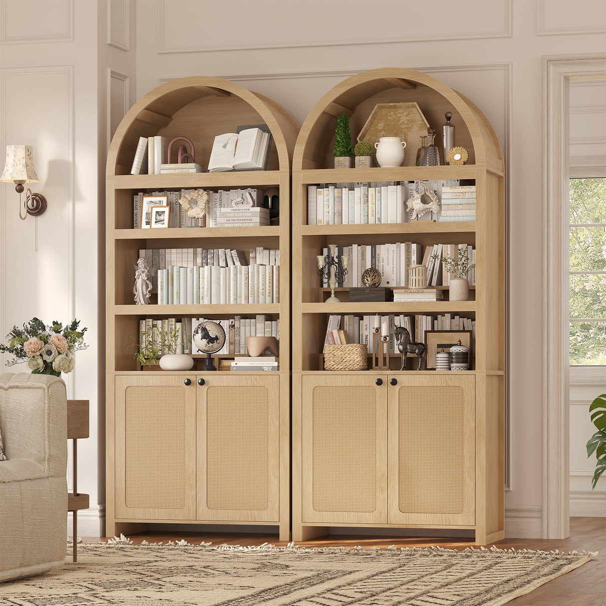 81" Tall Arched Cabinets,Bookcase with storage,Mid-Century Modern 6-Tier Bookshelf with Door,2 Book Risers and Adjustable Shelves offering more storage space for Living Room,Kitchen,Home Office,Oak UPOSOJA