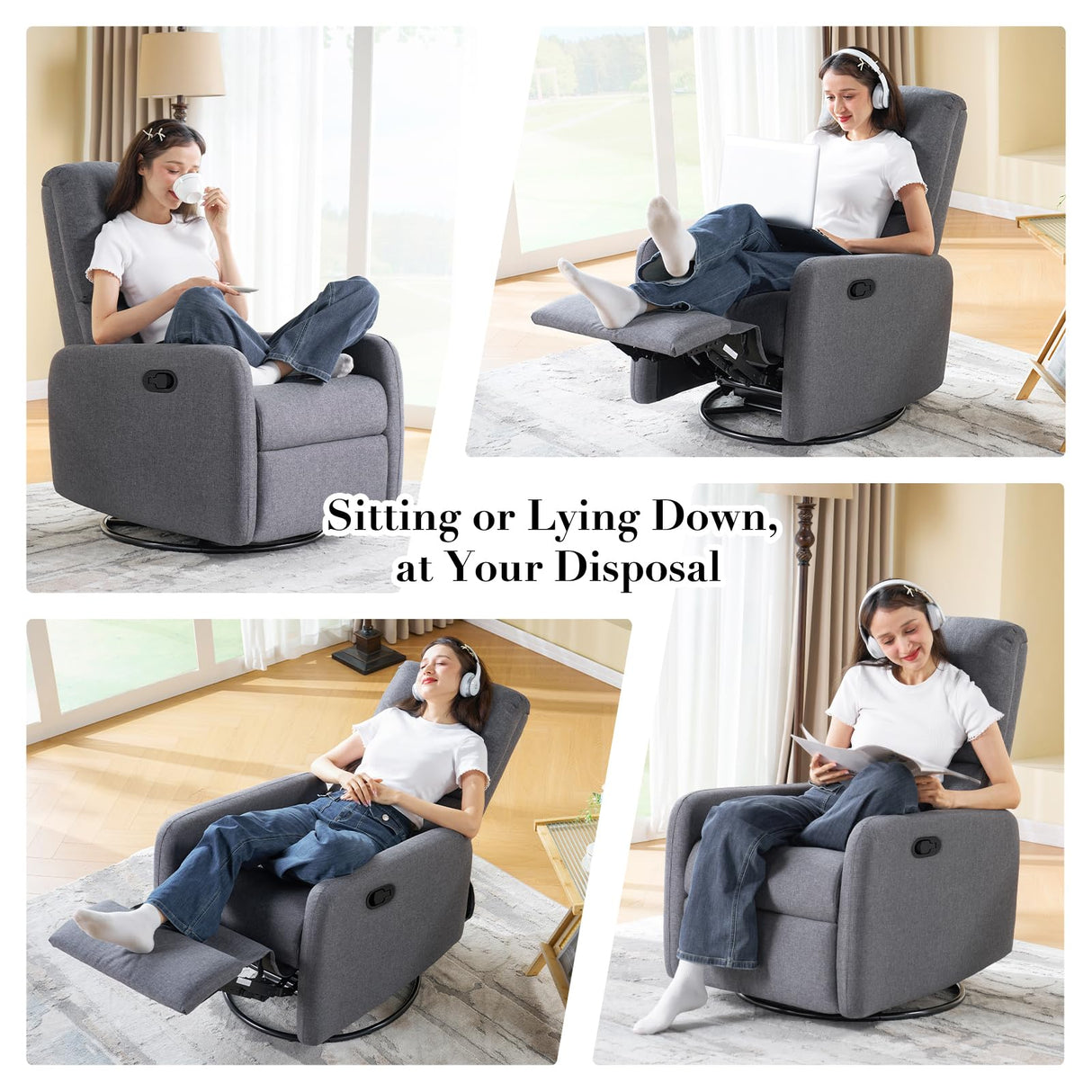 Jocisland Swivel Glider Rocking Recliner Chair for Adults, Nursery Rocker Reclining, Comfy Upholstered Single Sofa Armchair for Living Room Bedroom Nursing, Linen Gray Jocisland