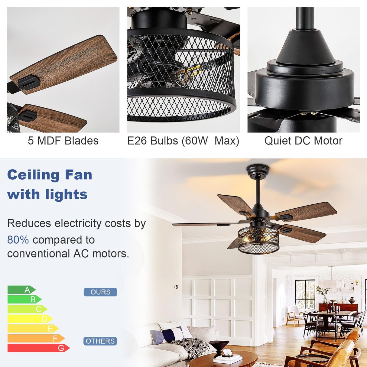 Depuley 42-Inch Ceiling Fans with Lights: Caged Ceiling Fans Dual Finish 5 Blades - Rustic Ceiling Fan with Remote Control for Industrial Living Room Outdoor Patio (E26 Bulb Included) Depuley