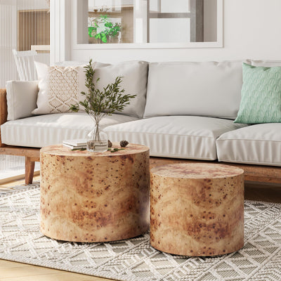 HanStrong Nesting Coffee Table Set of 2 for Living Room, Modern Round Wooden Circle Accent Side Tables for Small Spaces, Bedroom, Balcony, Office, Natural Burl Finish (19"+15")