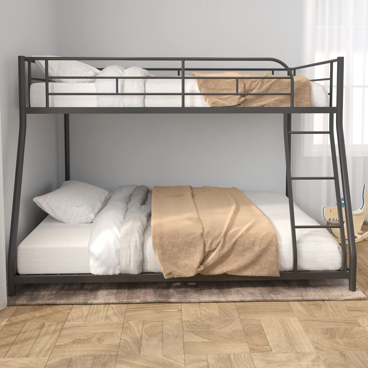Majnesvon Metal Floor Bunk Bed, Twin Over Full Low Bunk Bed, Heavy Duty Frame with Sloping Ladder and Safety Guardrails for Teens Adults, No Box Spring Needed,Easy Assembly (Black) Majnesvon