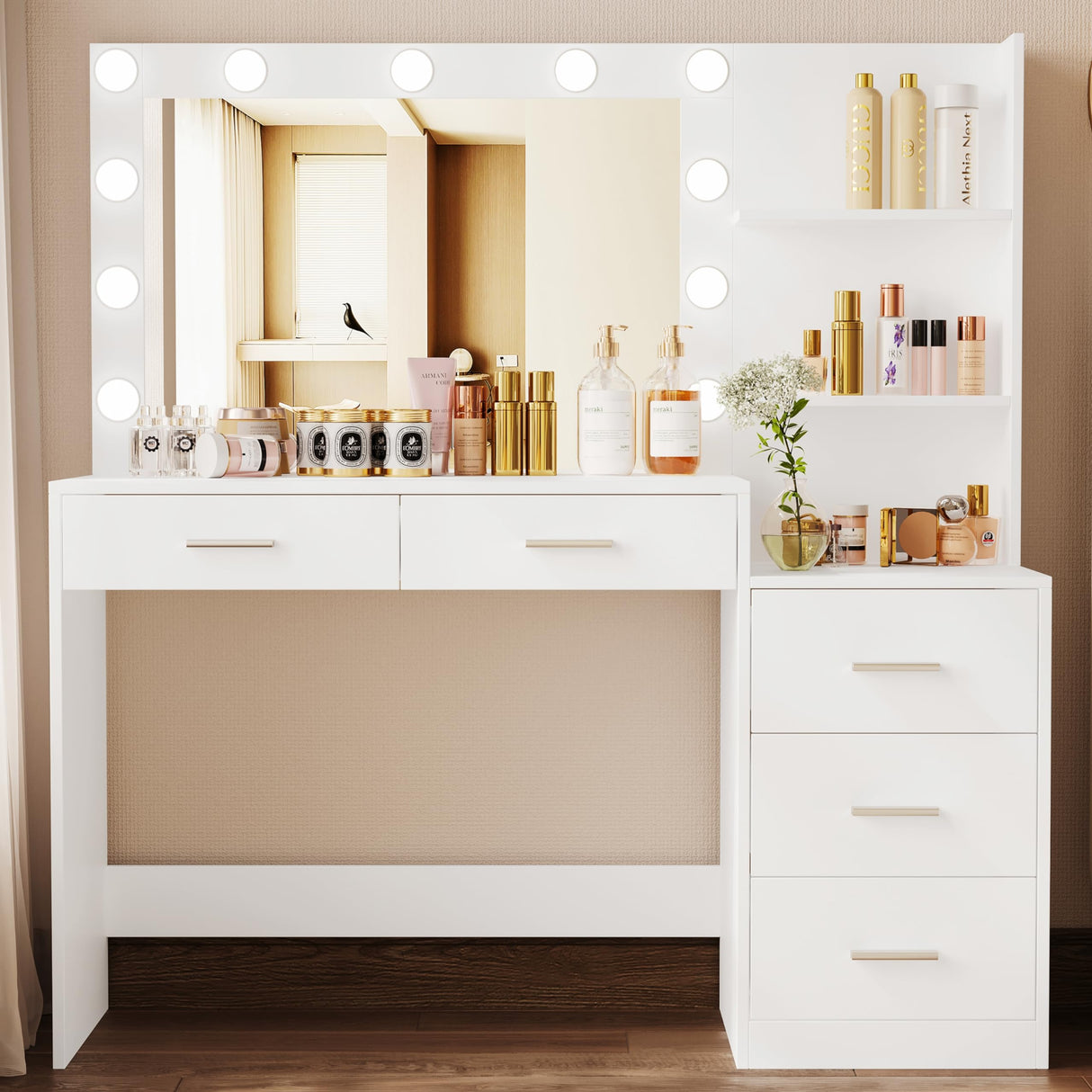 Rovaurx 46.7" Makeup Vanity Table with Lighted Mirror, Large Vanity Desk with Storage Shelf & 5 Drawers, Bedroom Dressing Table, 11 LED Lights, White RSZT106W Rovaurx