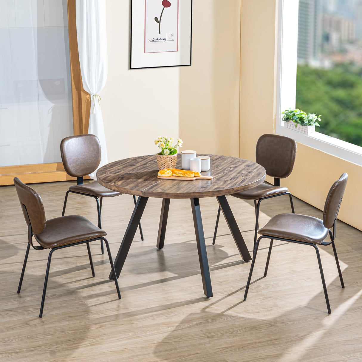 SIMTONAL Round Wood Dining Table for 4-6, 47" Mid Century Modern Kitchen Table (Only Table), Brown SIMTONAL