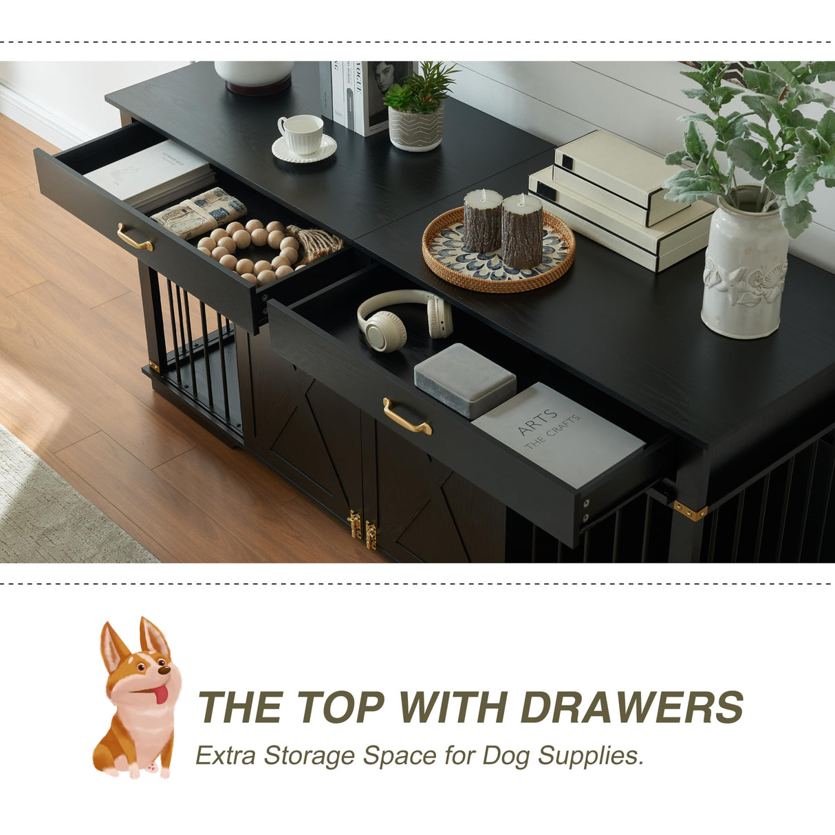 72.5" Extra Large Furniture Style Double Dog Crates for Large Breeds, XXL Wooden Dog Kennel Furniture with Drawers, Divider, Water Resistant & Barn Door for 2 Dogs, Black EDYO LIVING