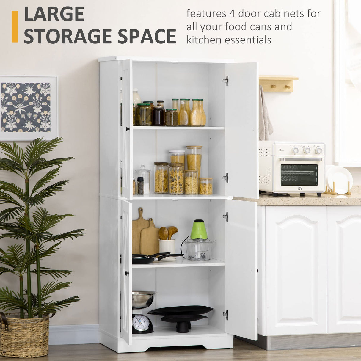 HOMCOM 70.75" Farmhouse Tall Kitchen Pantry Storage Cabinet, Freestanding Cabinets with Doors and Shelf Adjustability, 4 Door Kitchen Shelf Storage with 4 Tiers, White HOMCOM