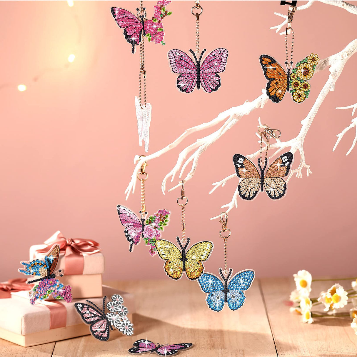 BBTO 12 Pcs Butterfly Diamond Painting Keychains Kit DIY 5D Diamond Art Key Rings Hanging Butterfly Diamond Painting Ornaments Butterflies Diamond Pendants for Spring Summer Beginner Adult Craft BBTO