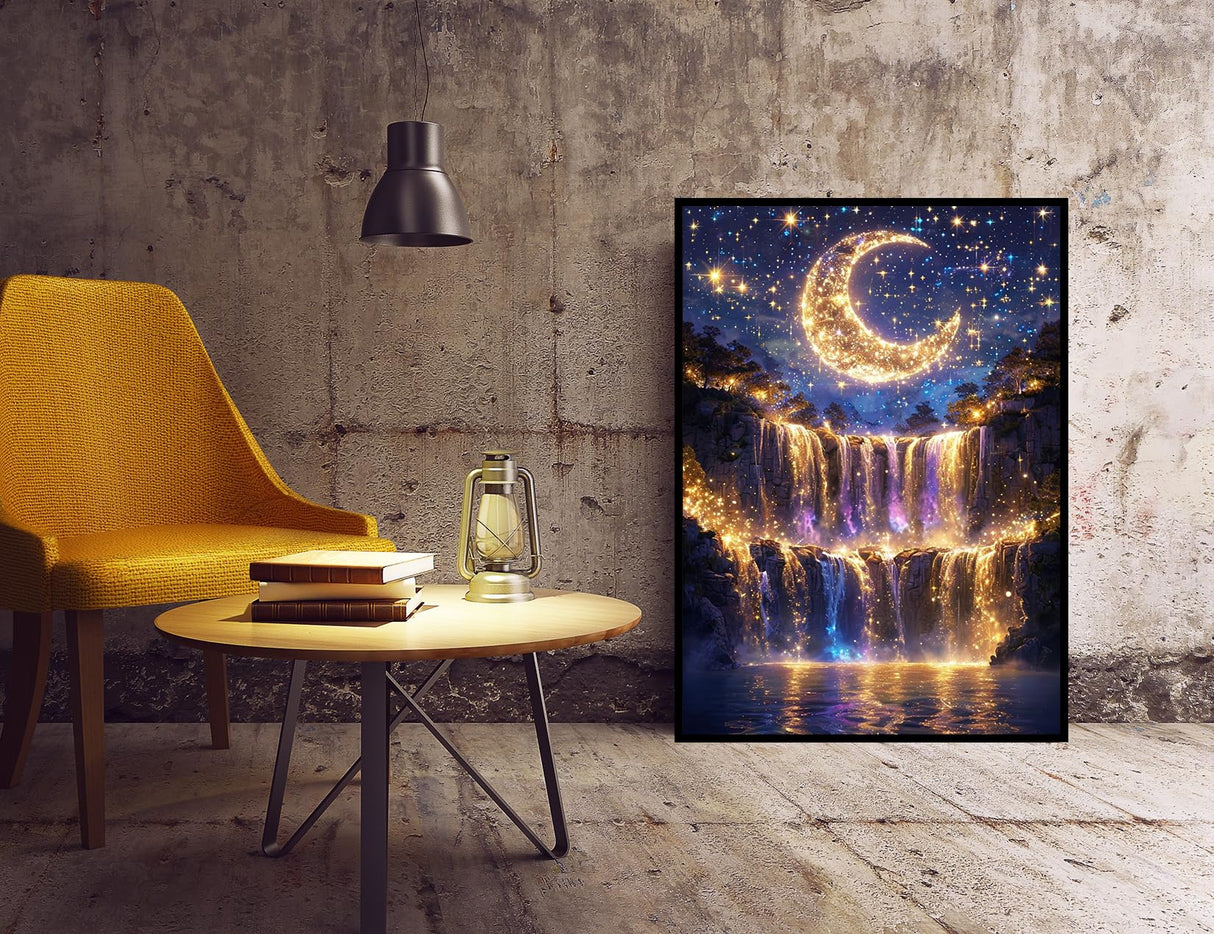 KINPLUB 5D Diamond Painting Kits for Adults Beginners, Moonlight Waterfall Diamond Art Kits for Adults, DIY Full Drill Round Moon Landscape Diamond Dots, Home Wall Decor 12x16 Inch KINPLUB