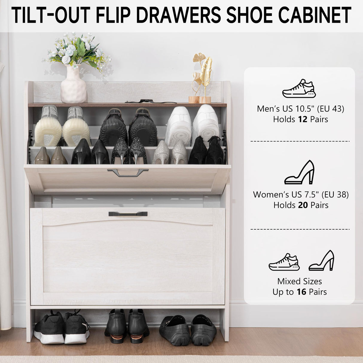 TRONLEE Shoe Storage Cabinet, 40.4H x 31.4W x 10.2D inches, 2 Flip Drawers, Warm White with Walnut Grain (Warm White Grayish) TRONLEE